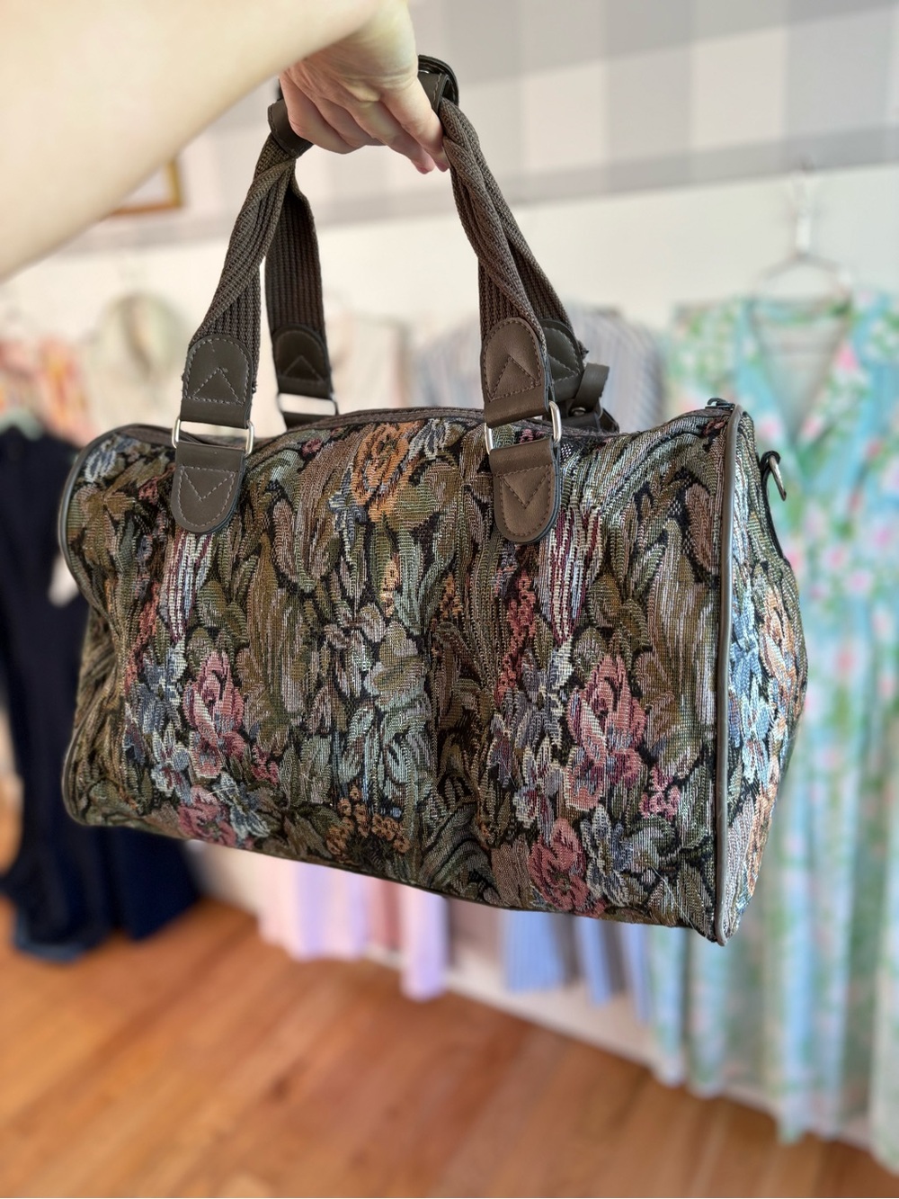 Jordache Vintage Brown Floral Tapestry Duffel Bag with Green Accents - Picture 3 of 4
